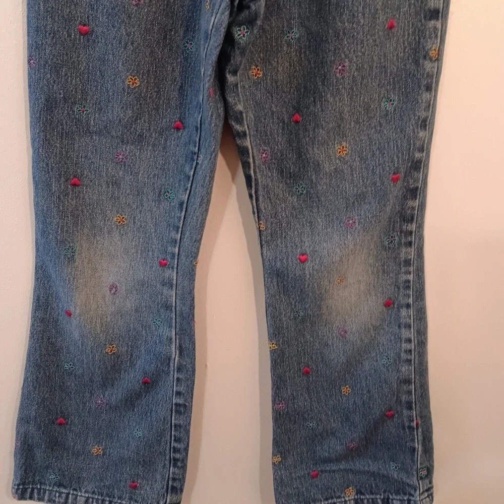 VTG Y2K Health Tex Girls Club Jeans Embroidered Flowers Hearts‎ Size 7(XS) Denim